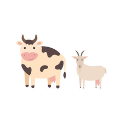 Farm black spotted cow and goat, cartoon vector illustration isolated on white background. Cute cartoon domestic cow and goat side view. Print for nursery.