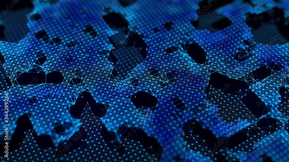 Poster network of lines and dots. big data visualization. technological 3d landscape. 3d rendering.