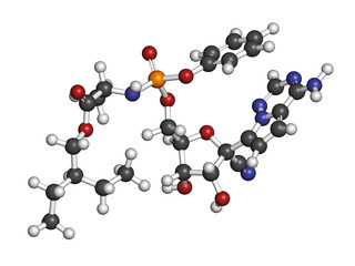 Remdesivir antiviral drug molecule.  3D rendering. Atoms are represented as spheres with conventional color coding: hydrogen (white), carbon (grey), nitrogen (blue), oxygen (red), phosphorus (orange).