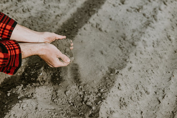 Cropped view of farmer hands holding sand, pouring dry sandy soil on plowed agricultural field ready for sowing. Concept of drought on farm land