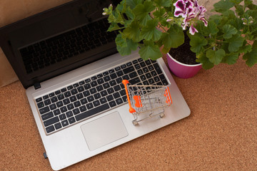 The concept of online shopping. On the table is a laptop, a mini cart of groceries and a potted flower.