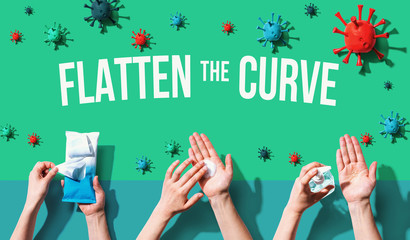 Flatten the Curve theme with person washing their hands with sanitizer