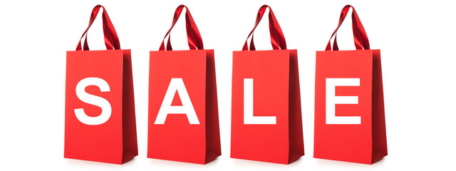 Red sale bags with text