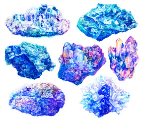 Watercolor crystals minerals stones marble set isolated on white background. Printable poster. Vivid bright objects Illustration. Natural realistic texture.
