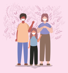 Mother father and daughter with masks and leaves vector design