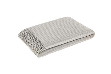 Gray duvet, blanket or bedspread. Wafer towels stack, grey towels in stack against the white...