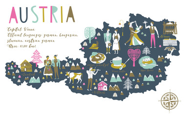 Cartoon Map of Austria with Legend Icons