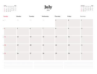 Calendar template for July 2021. Business monthly planner. Stationery design. Week starts on Sunday.
