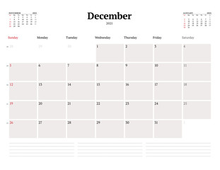 Calendar template for December 2021. Business monthly planner. Stationery design. Week starts on Sunday.