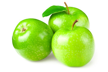 green apples with green leaves isolated on white background