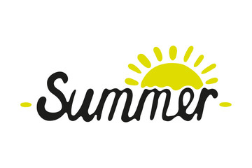 Black text Summer and the yellow sun. Hand drawn vector graphic illustration. Horizontal view. Isolated object on a white background. Isolate.