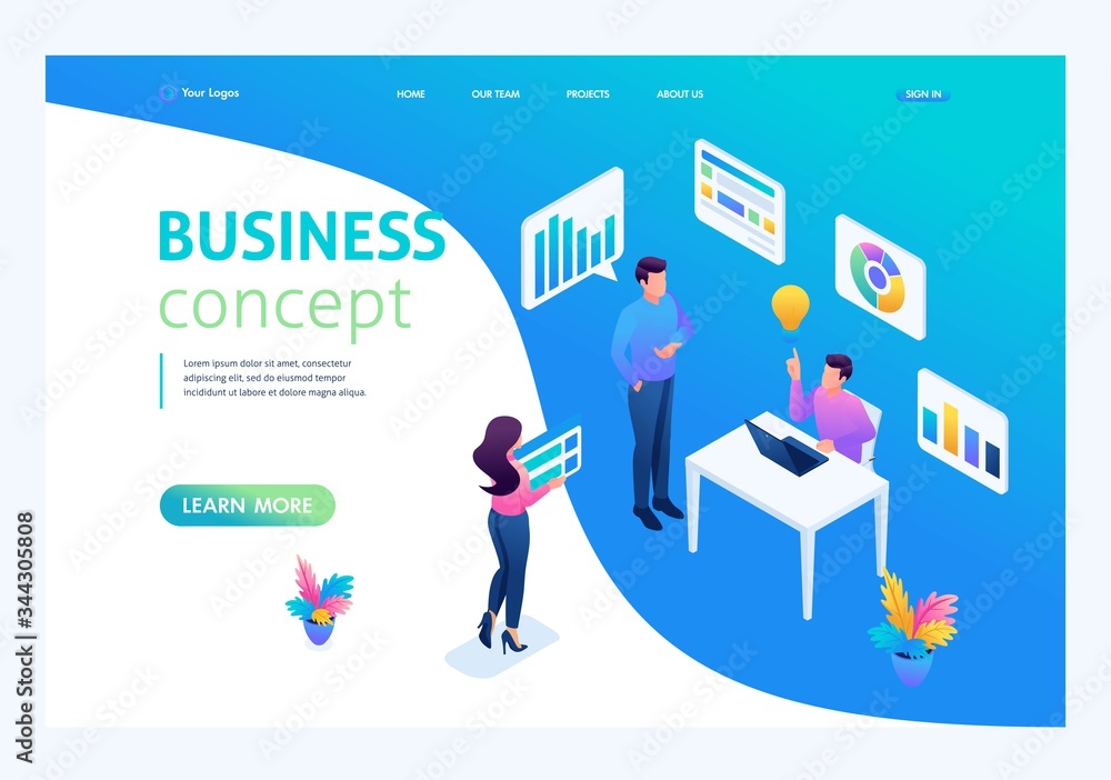 Poster isometric concept we bring the idea to life, idea creation, implementation. landing page concepts an