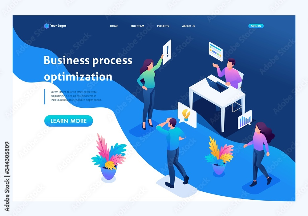 Poster isometric concept optimization of business processes in the office. landing page concepts and web de