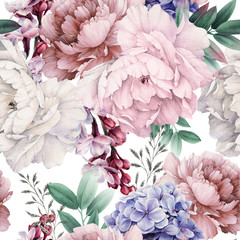 Seamless floral pattern with peonies on light background, watercolor. Template design for textiles, interior, clothes, wallpaper. Botanical art - 344306036