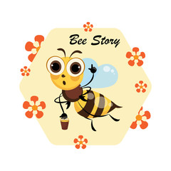 Bee Story. Honey. Hive. Cute cartoon character. Emblem, sticker, label, mascot. 