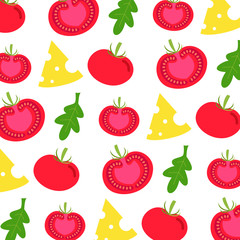 seamless pattern with sliced tomatoes, cheese and salad. Concept diet and vegetarian