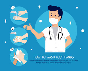 set of wash hands and doctor with mask