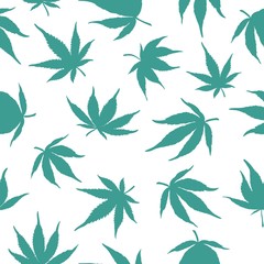 Obraz premium Seamless pattern of blue cannabis leaves on a white background. Blue hemp leaves on a white background. vector illustration