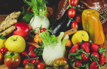 rustic composition of fruits and vegetables