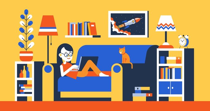 Girl with laptop on sofa in room interior work home. Woman working remotely. Vector illustration.