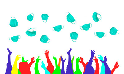 Coronavirus quarantine is finished hands raised protective mask in the air vector