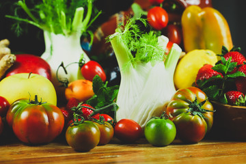rustic composition of fruit and vegetables in a warm light