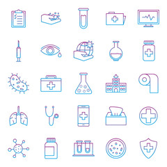 Covid 19 virus gradient line style icon set vector design