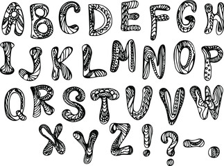 English alphabet drawn by hand in the form of ornaments, hooks, lines, zigzags.  Ornate black font, typography set. Isolated symbols. 