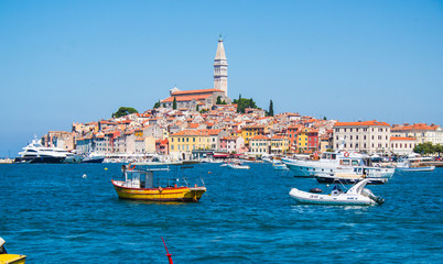 View of colorful old town and picturesque harbour of Rovinj, Istrian Peninsula., Croatia