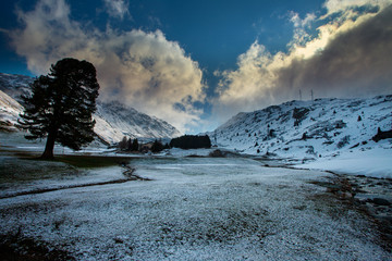 Alpine pass in switzerland, Julierpass in swiss alp with snow