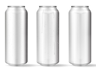 Realistic aluminum cans with water drops. Vector