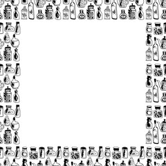 frame with bottles and jars on white