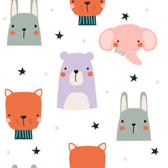Childish seamless pattern with cartoon animals. Cute print. Vector hand drawn illustration.