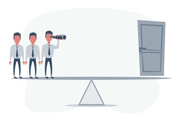 Businessman looking in future on seesaw. Man using telescope looking for success, opportunities, future business trends. Vector flat design illustration.