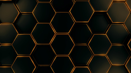 Black and gold hexagon template background, 3d render illustration	
