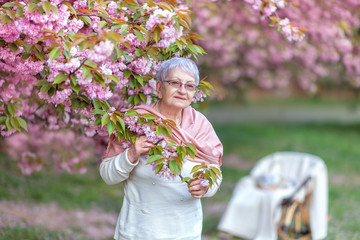 Fototapeta premium Portrait of an attractive elegant senior woman relaxing in a flowered garden