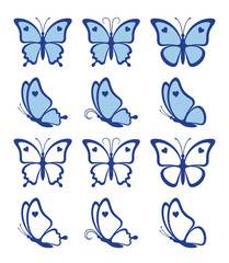 Fototapeta na wymiar Collection of blue butterflies with hearts isolated on a white background. Silhouette of a butterfly is perfect for wedding invitations, logo and icons