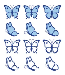 Stof per meter Vlinders Collectie van blauwe vlinders met harten geïsoleerd op een witte achtergrond. Silhouet van een vlinder is perfect voor huwelijksuitnodigingen, logo& 39 s en pictogrammen