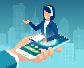 Vector of a businessman holding smartphone with female call center agent offering customer support