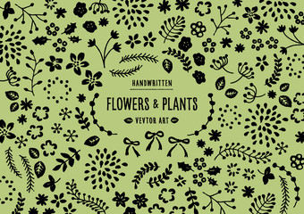 手描きの花と植物装飾イラスト