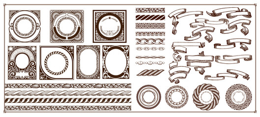 Mega creation kit, borders, banners, baroque labels with ornaments and floral details
