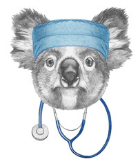 Portrait of Koala with doctor cap and stethoscope. Hand-drawn illustration.