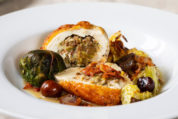 Roast chicken with savoy cabbage and chestnuts