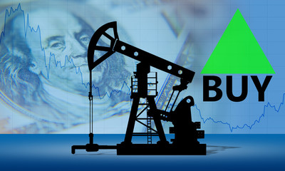 An oil rig and the word Buy with an up arrow. World oil market. An advantageous situation for...