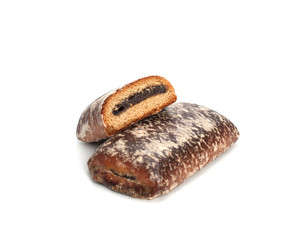Gingerbread cookies with jam on a white background.