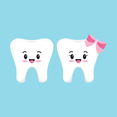 Cute tooth boy and girl emoji vector set isolated on blue background.