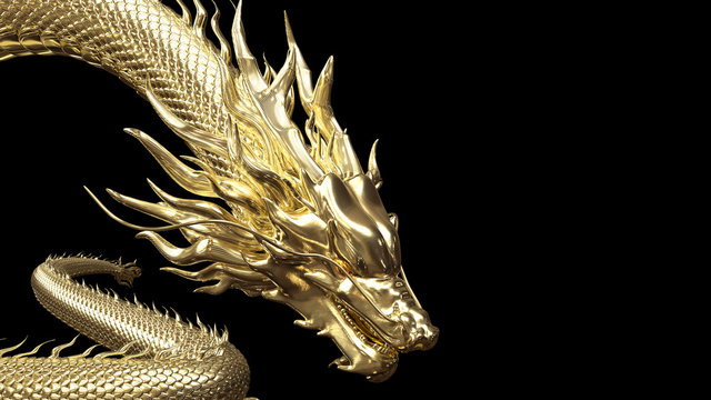 Head and half body gold dragon in smart pose with 3d rendering include alpha path.