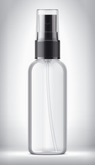 Spray bottle on background. Black cap and transparent version. 