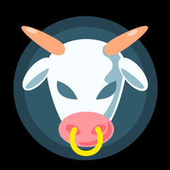 Flat alien cow head concept logo. Cartoon white animal with black evil eyes vector illustration on backdrop. Funny simple character. Ufo symbol sticker. Paranormal T-shirt print design