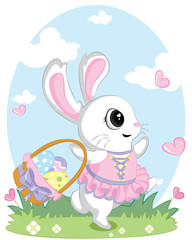 illustration of an easter white bunny Using Ballet dress with a basket . Happy Easter lettering. space for text. for design, cards, flyers.